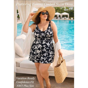 NWT Plus Size 1X 16W Tummy Control Floral Swim Dress One Piece